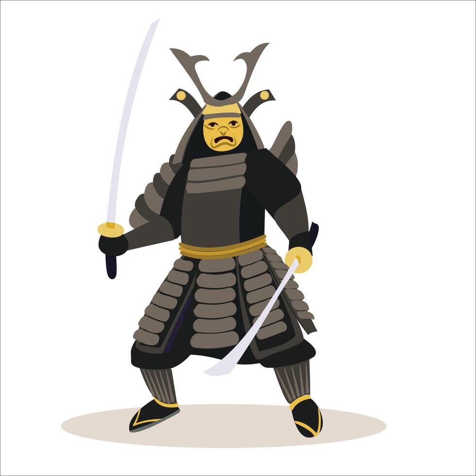 Samurai warrior in traditional Japanese armor with dual katana swords vector