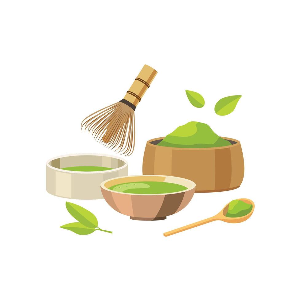 Traditional Japanese matcha tea ceremony with bowl, whisk and powder vector