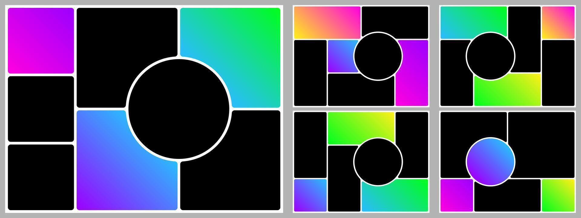 Collage grid mosaic template. Photo bento box layout. Brutalist shape post design, Image poster montage board. Abstract brochure rounded square circle gallery. modular album geometric page vector