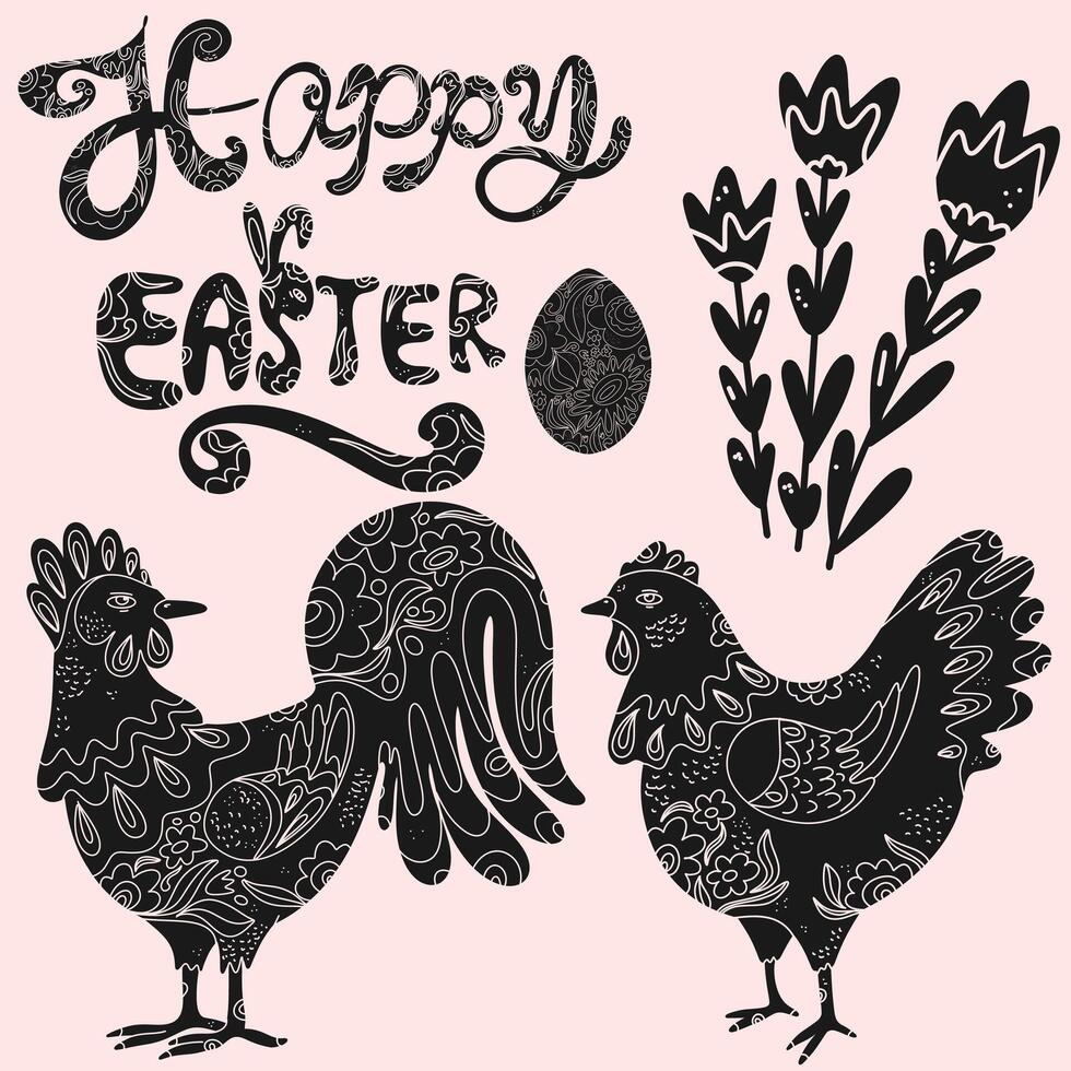 happy easter rooster and hen with flowers and eggs vector