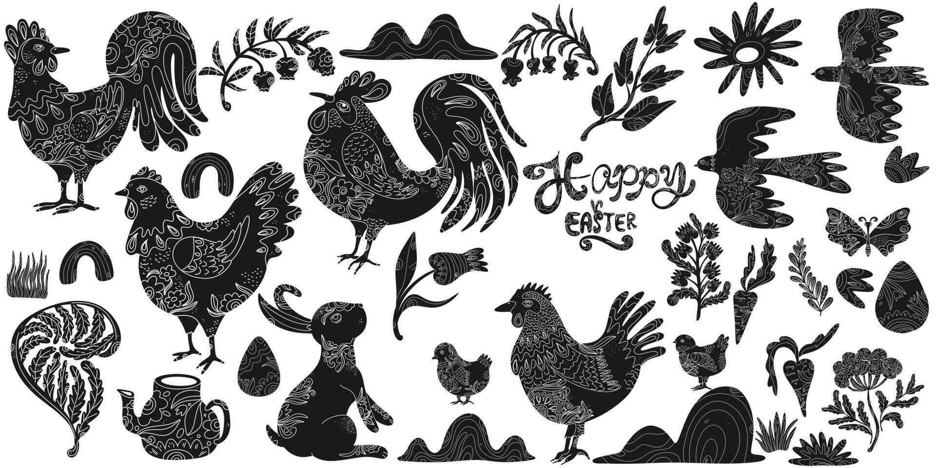 set of black and white hand drawn elements for easter vector
