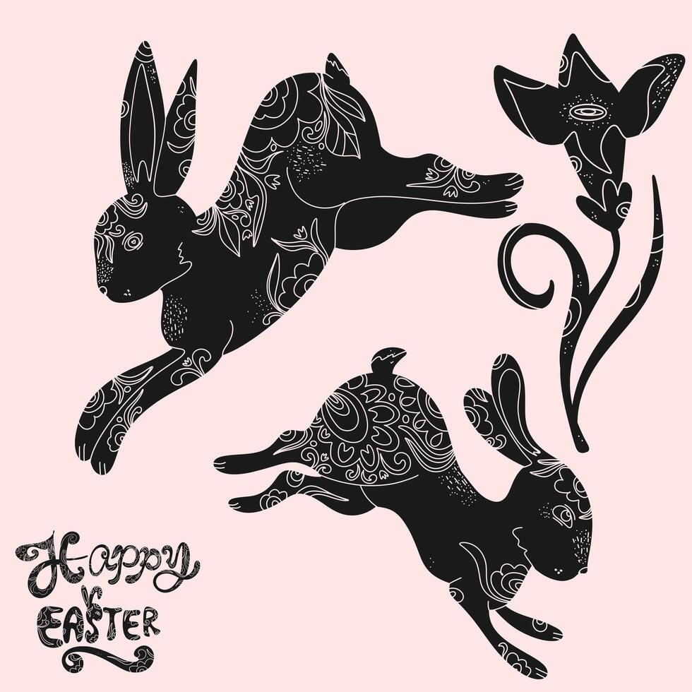 easter bunny, bunny and flowers on a pink background vector