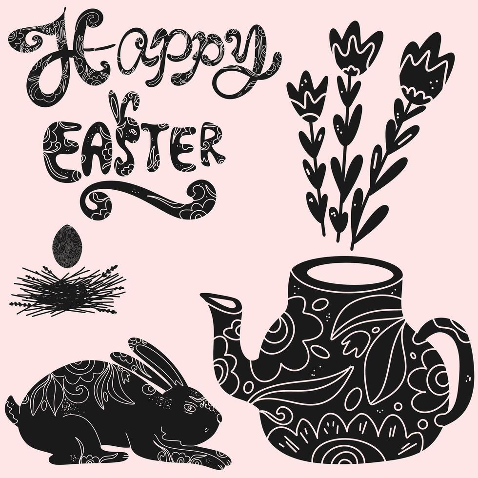 happy easter greeting card with a teapot and flowers vector
