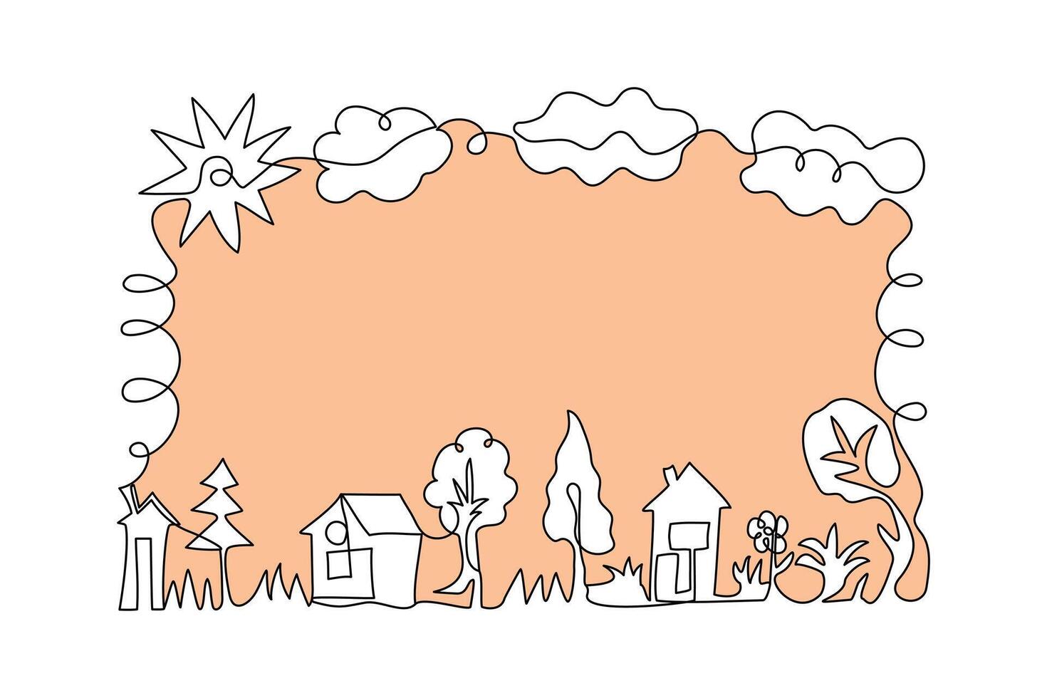 Houses, line art. Frame, border. Trees, sun, clouds drawn with one line. Outline, monochrome illustration on isolated background with space for text. vector