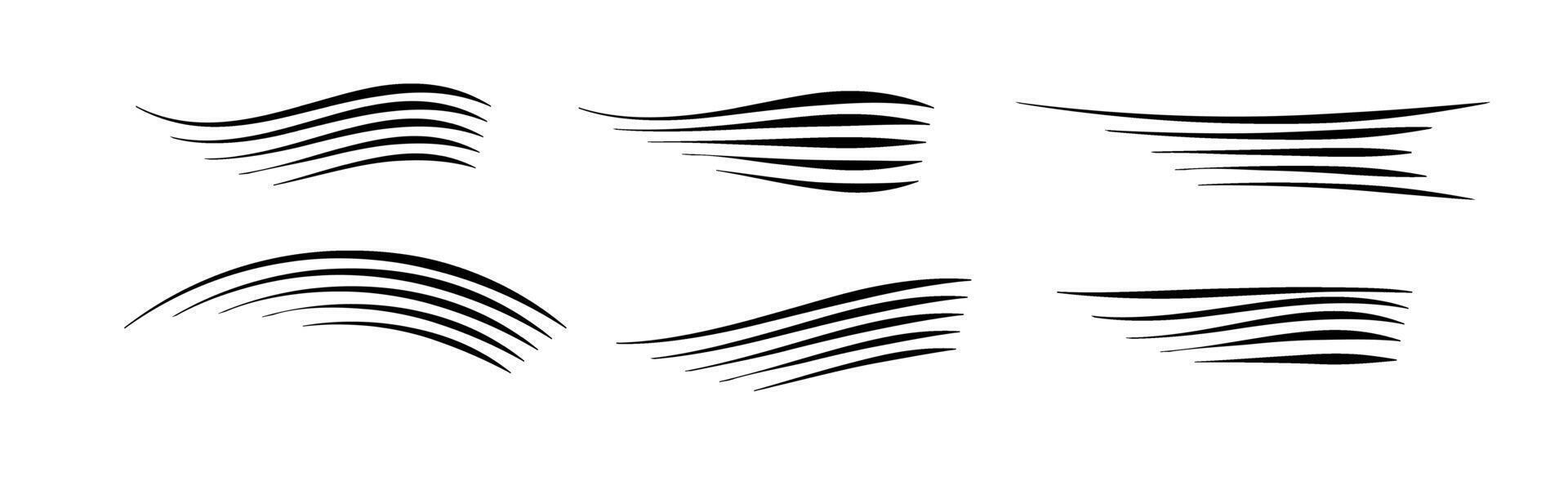 Flowing wind motion line. Air logo wave. Air movement and gust symbol pack. vector