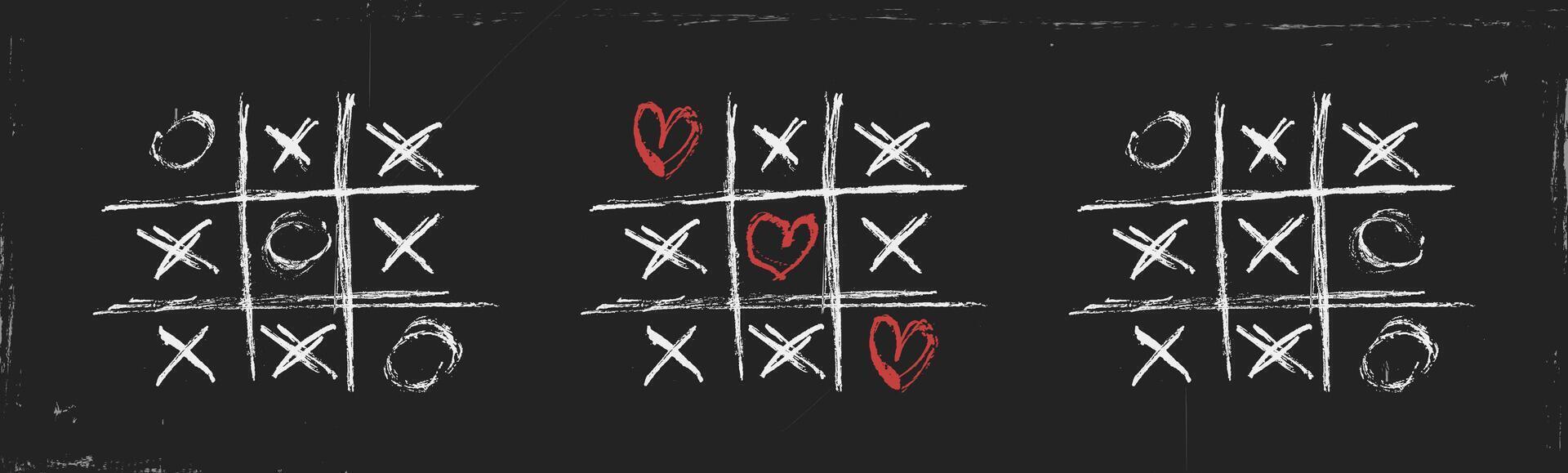 Scribble. Collection of white drawn grids with crosses and noughts. Tic-tac-toe with hearts on the worn blackboard vector