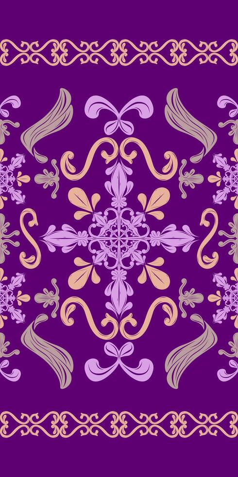 Detailed of Rococo Ages Ornate Scroll Border Pattern with Silk Weaves Embroidery Green Purple Gold on Violet Background. Elegance Art Work for Luxury Design as Fabrics Prints Textiels Interior Batik vector