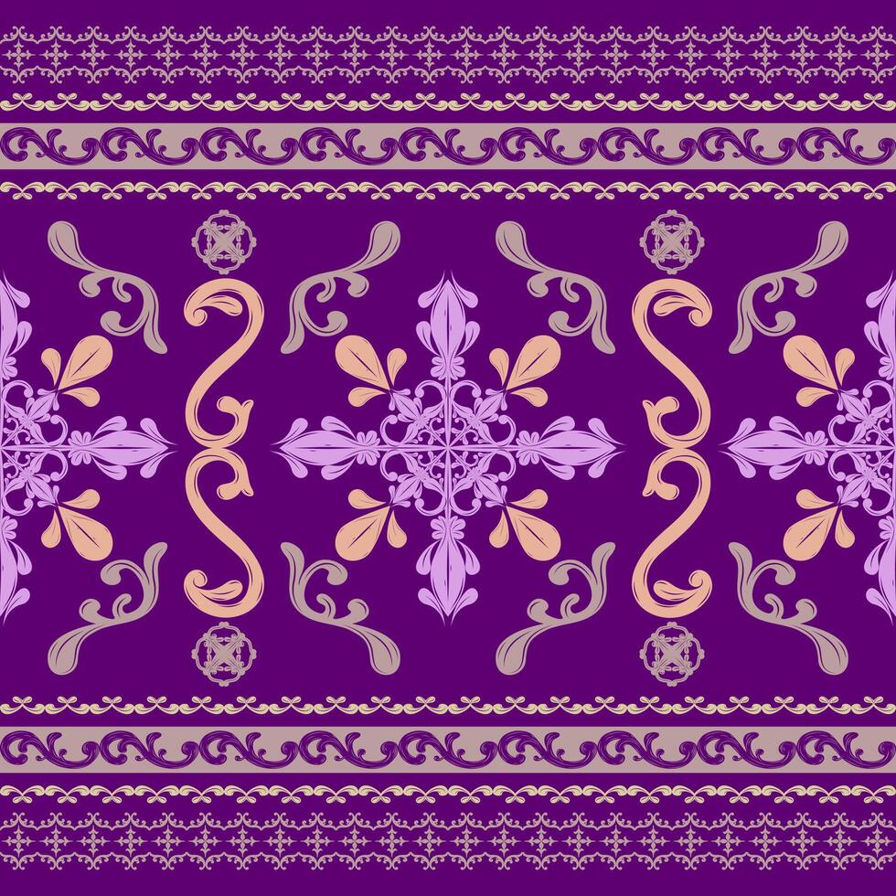 Elegance Motif Royal Golden Silk Weaves Botanical Styles Victorian Baroque Scroll Ornament Seamless Border Pattern. Amethyse Florals Garden Design for Decoration Apparel Print Textiles Wallpaper Dress vector