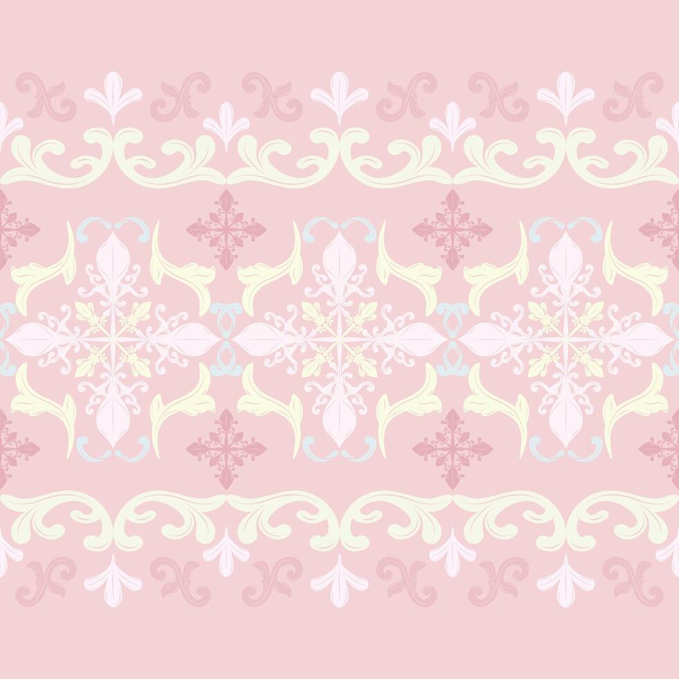 Elegance Brilliant Luxury Scroll Ornament Florals Leaves Seamless Border Pattern with Pink Shades of Tender Elaborate Design for Silk Weaves Batik Haute Couture Wallpaper Print Fabric Branding Textile vector