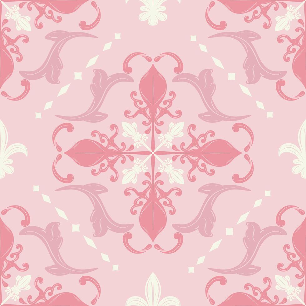 Delicate Fabulous Shades of Pink and Light Cream Geometric Scroll Ornament Seamless Repeat Pattern. A central floral medallion with stylized leaves and swirling flourishes creating a balanced harmony vector