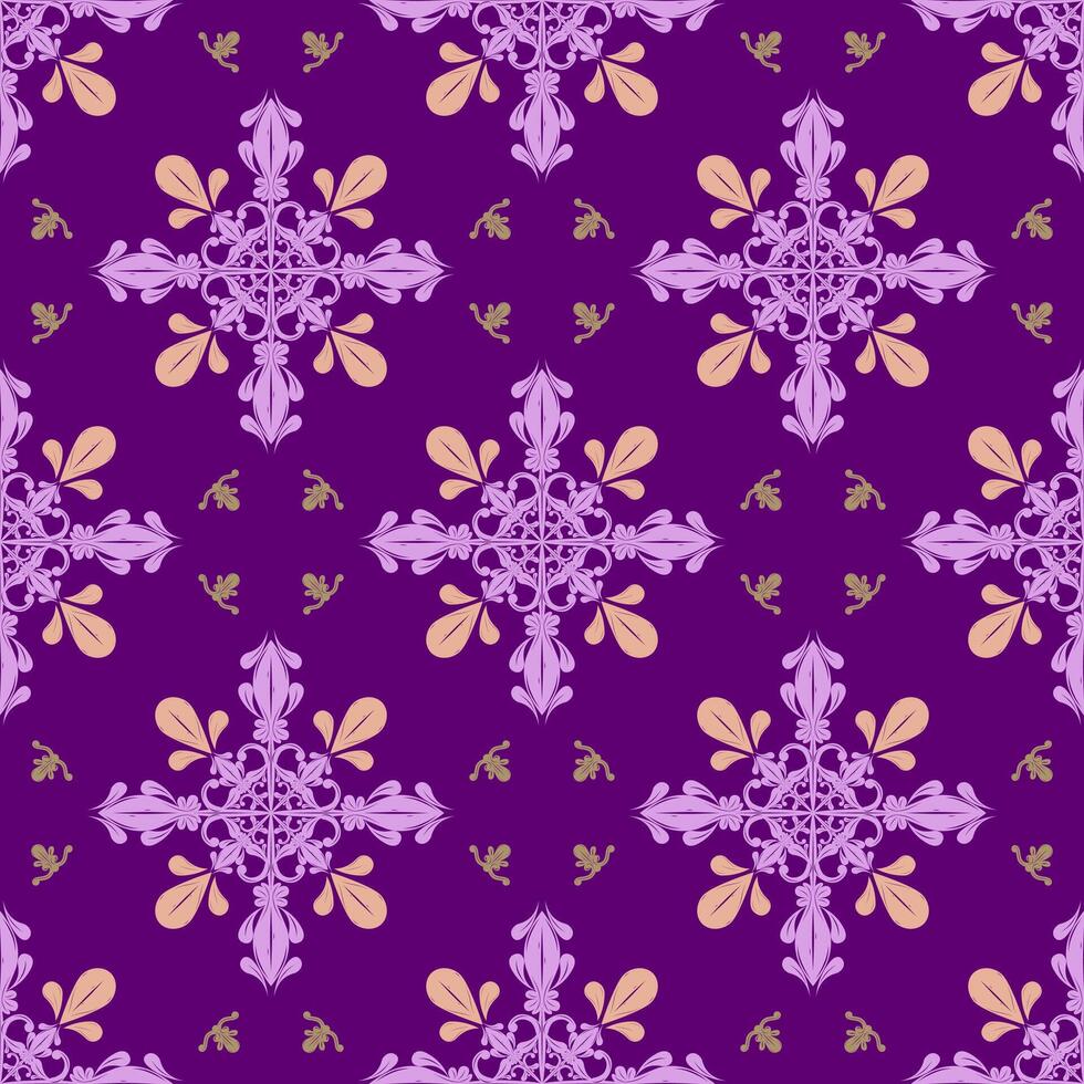 Elegance Medieval Botanical Scroll Ornament Detailed Repeat Seamless Pattern with Purple Yellow Gold Element on Violet Background. Luxury Elaborate Design for Print Silk Fabrics Wallpaper Branding vector