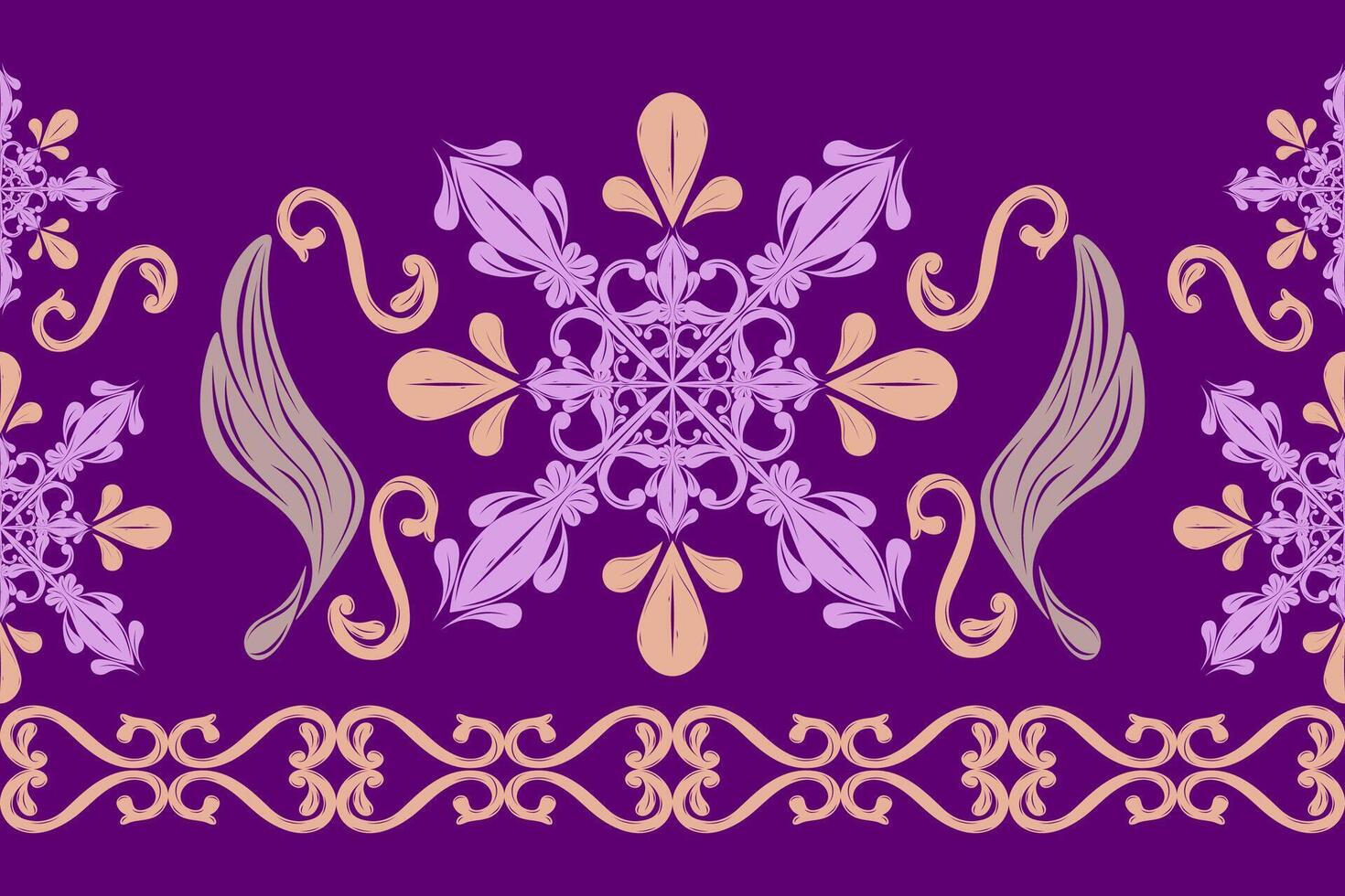Elaborate Exquistiely Florals Botanic Classy Detailed Scroll Ornament Purple Green Gold on Amethyse Background Seamless Border Pattern. Elegance Luxury Victorian Stripe Design for Silk Print Interior vector