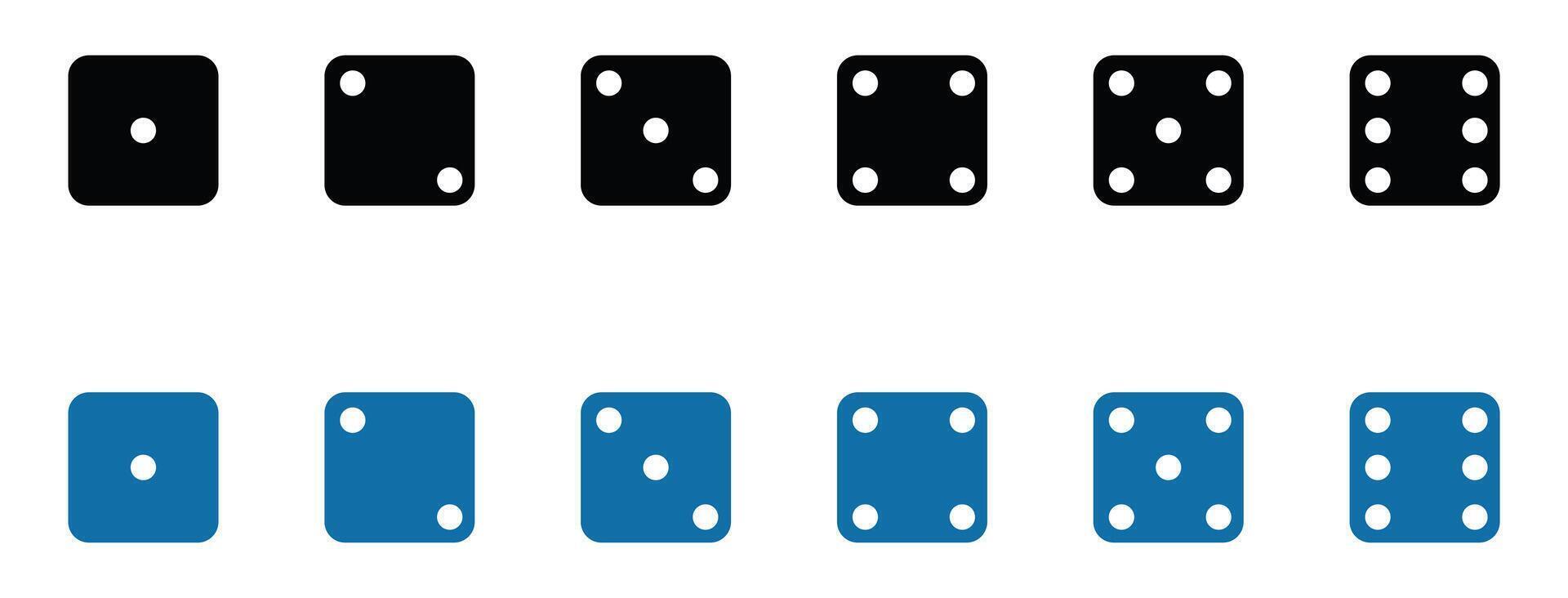 White, black, blue game dice cubes from one to six dots. Gambling objects to play in casino, poker. Six faces of cube. Traditional die with numbers of dots from 1 to 6. . vector