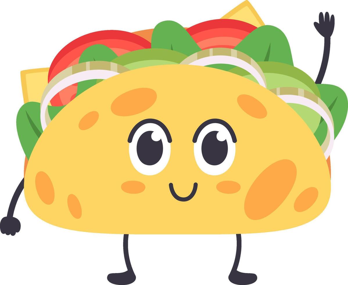 Cheerful anthropomorphic taco filled with fresh ingredients, waving while walking, adding whimsy and fun to projects about food and Mexican cuisine vector