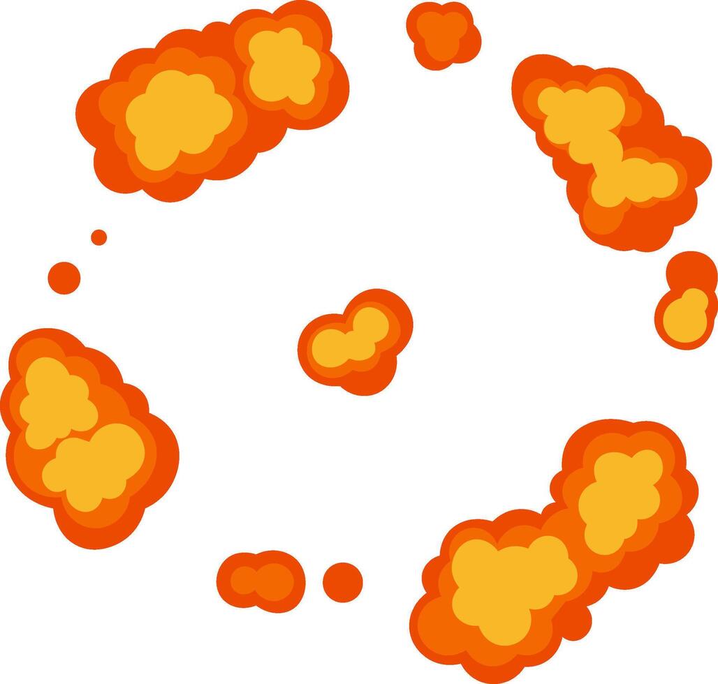Cartoon explosion generating a vibrant circular cloud of orange and yellow dust and smoke particles against a clean white background, capturing a dynamic and energetic visual effect vector