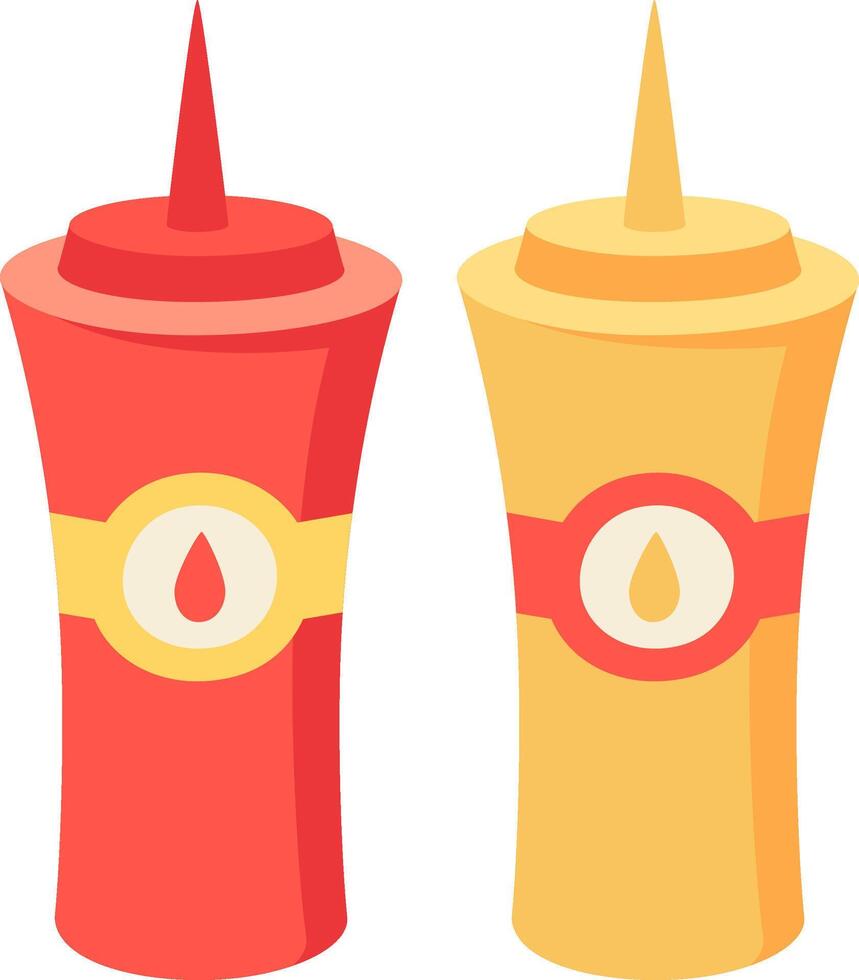 Two plastic squeeze bottles containing ketchup and mustard, common condiments for hot dogs, hamburgers, and french fries, are depicted against a white background vector