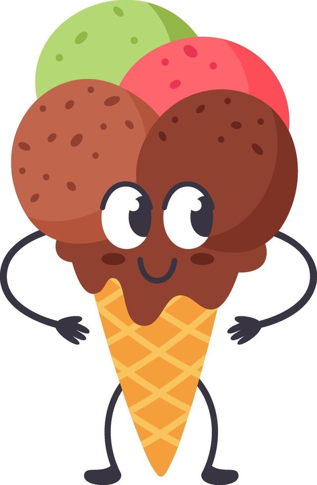 Cartoon illustration of a happy anthropomorphic ice cream cone with arms, legs and big eyes standing still with three scoops of ice cream of different flavors vector