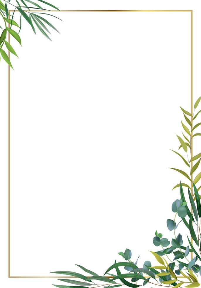 Golden frame decorated with exotic palm and eucalyptus leaves and branches creating a tropical invitation card, banner or template with copy space vector