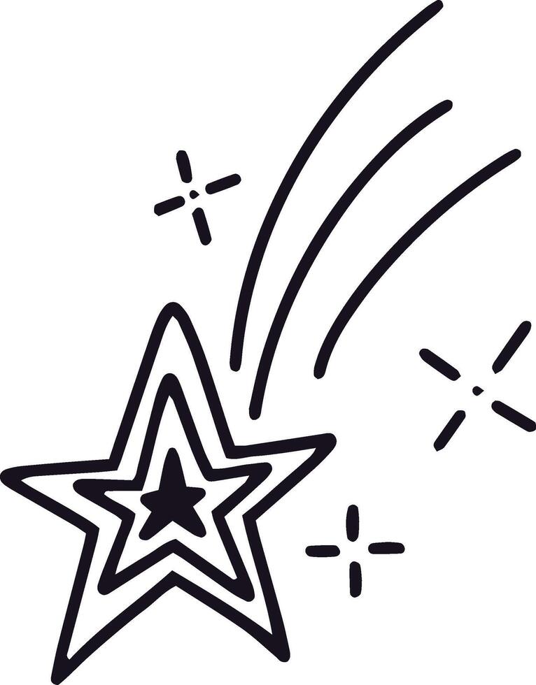 Simple, hand drawn illustration of a shooting star with sparkles leaving a trail, isolated on a white background, perfect for adding a touch of whimsy to any project vector