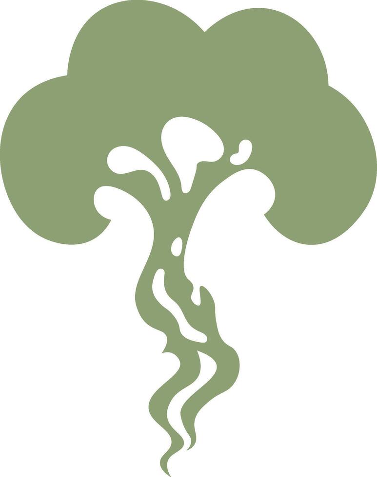 Flat illustration of a stylized green smoke cloud rising up with curvy lines and splatters, resembling a geyser or a volcanic eruption vector