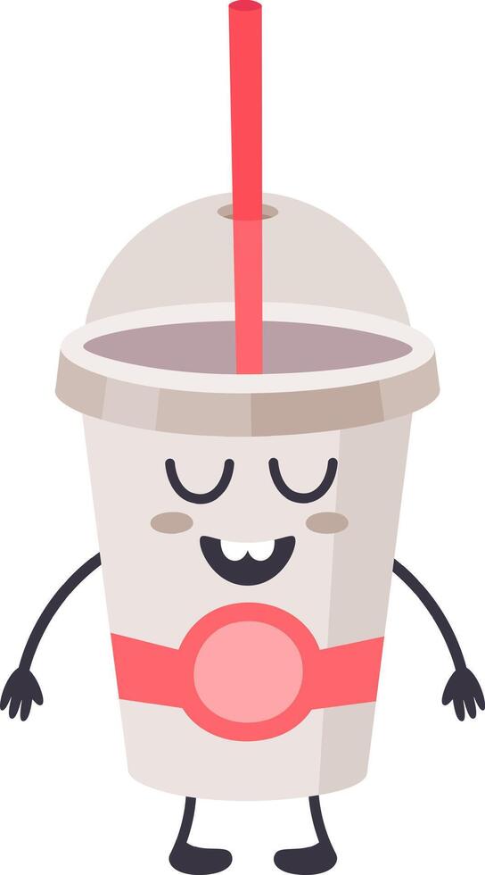 Cartoon representation of a cheerful disposable soda cup with a straw, featuring a smiling face and closed eyes, conveying a sense of contentment and enjoyment vector
