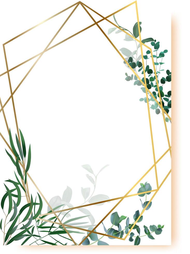 Golden polygonal frame adorned with lush green eucalyptus leaves, crafting an elegant wedding invitation or greeting card featuring ample copy space for personalized messages vector