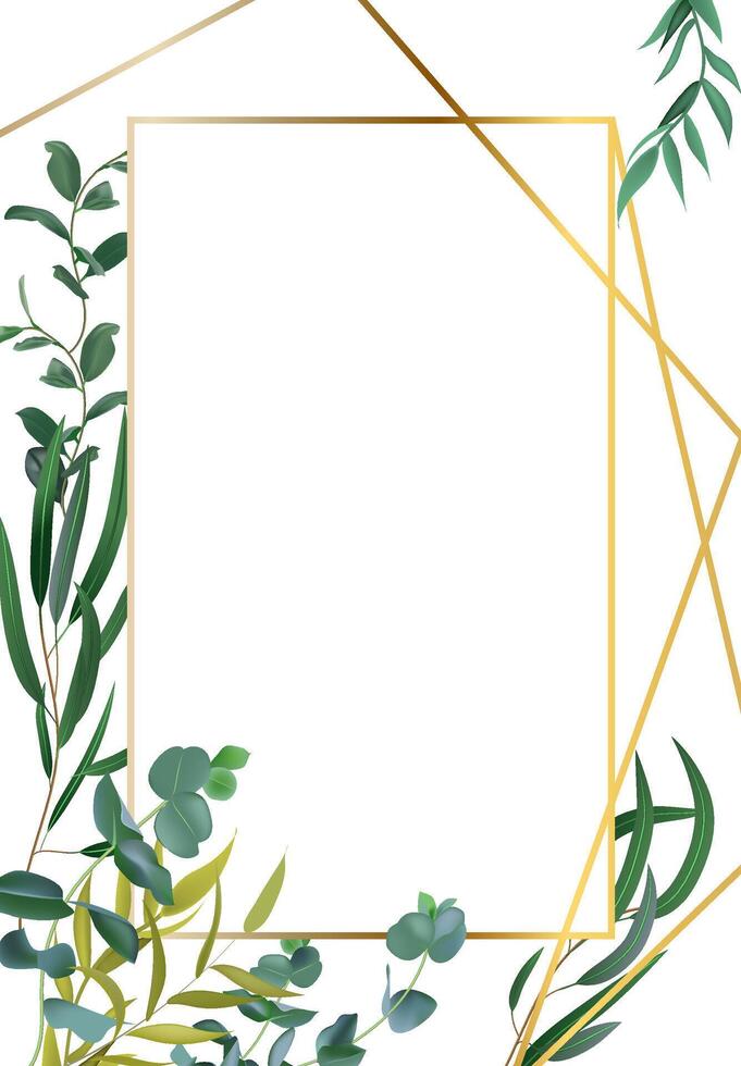 Eucalyptus branches gracefully adorn a golden frame, creating a stylish and natural design perfect for invitations, cards, or wall art, blending elegance with botanical charm vector