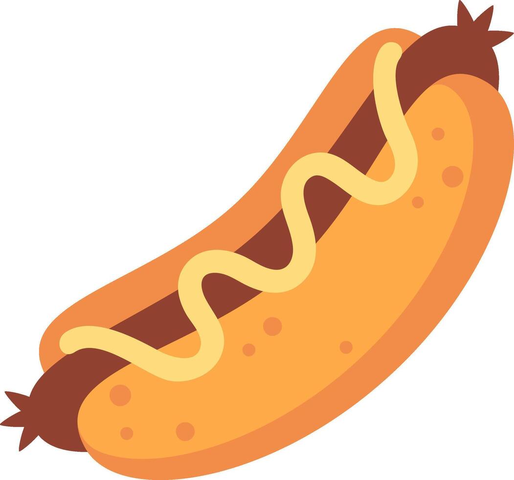 Hot dog with wavy mustard and sausage lying on a bun, creating a tasty and visually appealing snack, perfect for representing fast food, summer, or casual dining vector