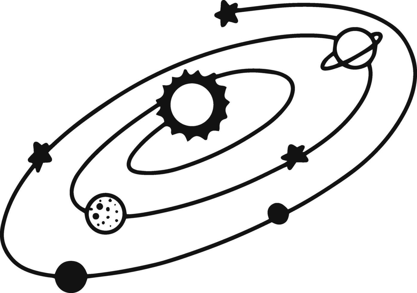 Minimalist black and white illustration of planets orbiting a sun with stars, representing solar system, astronomy, and space exploration concepts vector