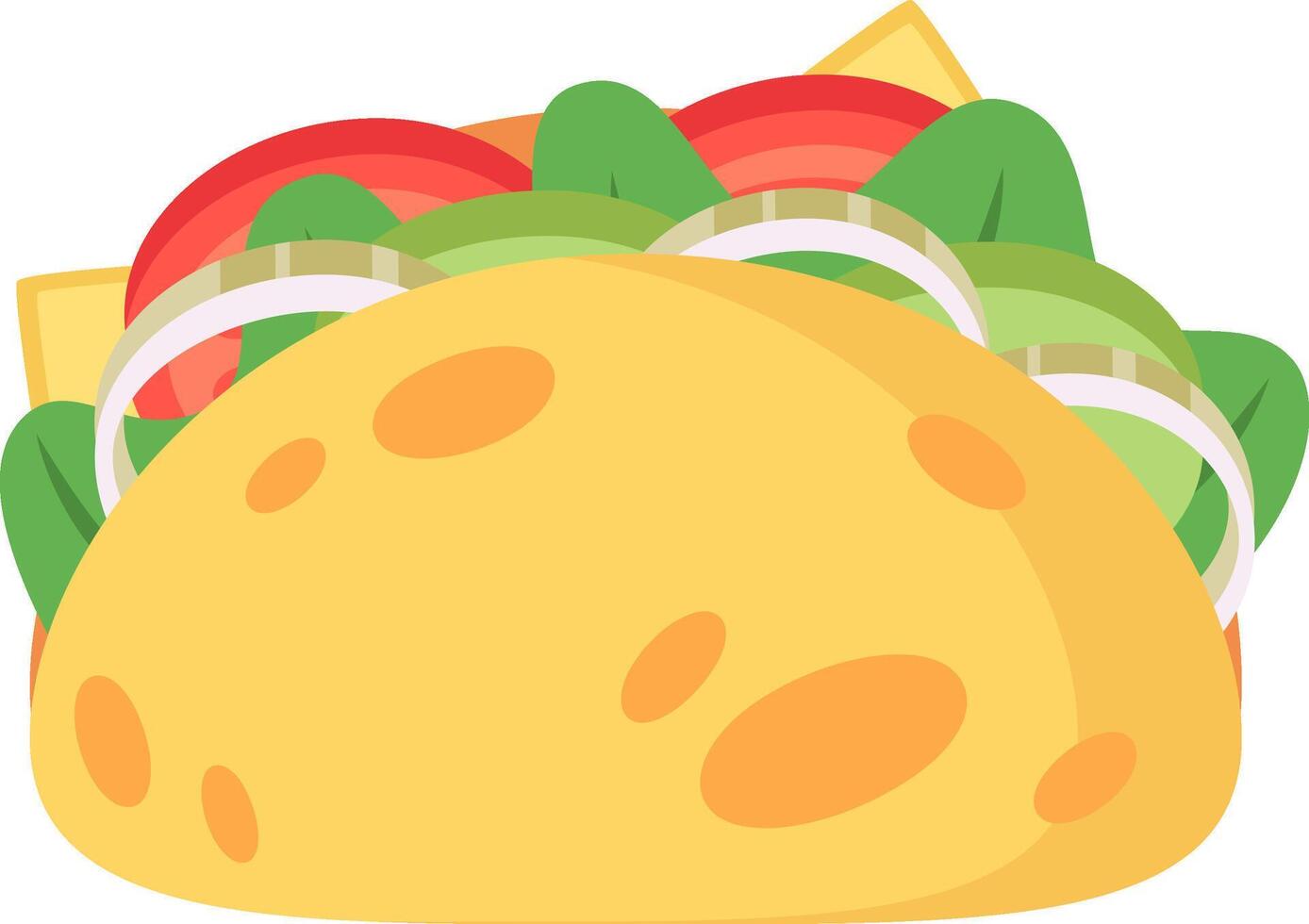 Crunchy taco shell overflowing with savory seasoned meat, melted cheese, crisp lettuce, juicy tomatoes, and tangy onions, creating a mouthwatering Mexican culinary delight vector