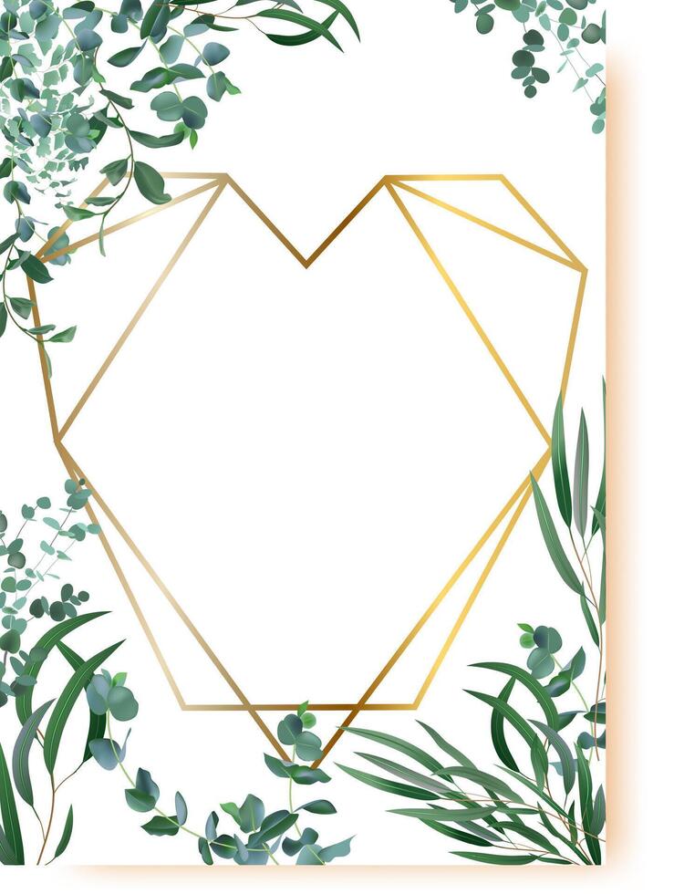 Eucalyptus branches create an elegant frame around a gold geometric heart shape, perfect for wedding invitations, greeting cards, or any design requiring a touch of nature and sophistication vector