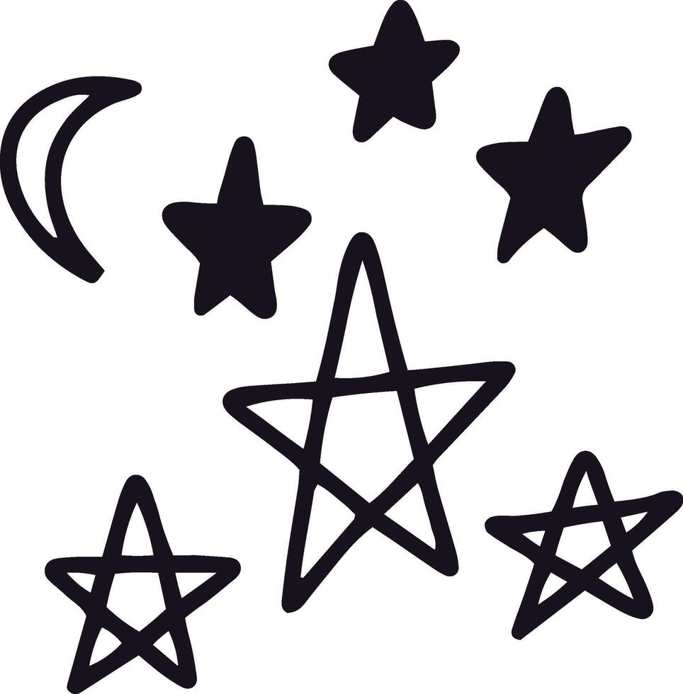 Black and white illustration featuring a crescent moon and various hand drawn stars, creating a whimsical celestial scene ideal for children's books, greeting cards, or decorative projects vector