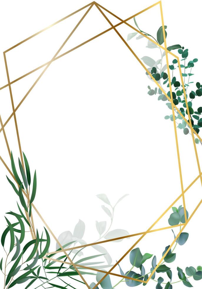 Golden geometric frame adorned with eucalyptus and green leaves, creating an elegant border on a white background, ideal for wedding invitations and sophisticated designs vector
