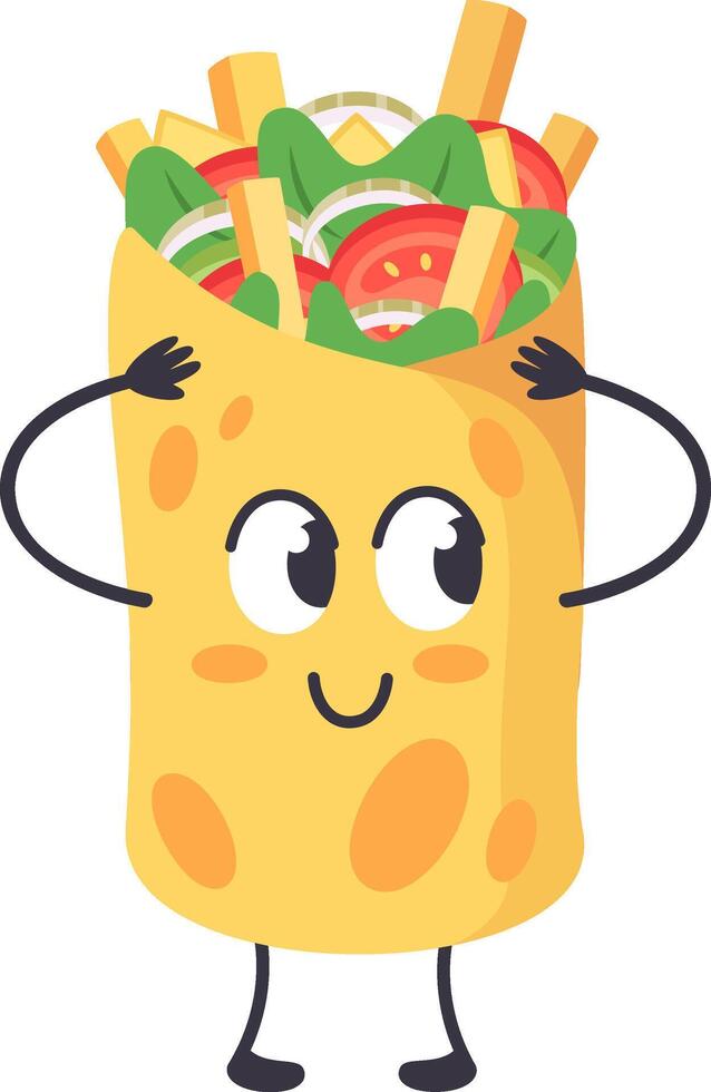 Cheerful burrito cartoon character with big eyes, filled with vegetables and french fries, is touching its head with arms and smiling, creating a funny and engaging image vector