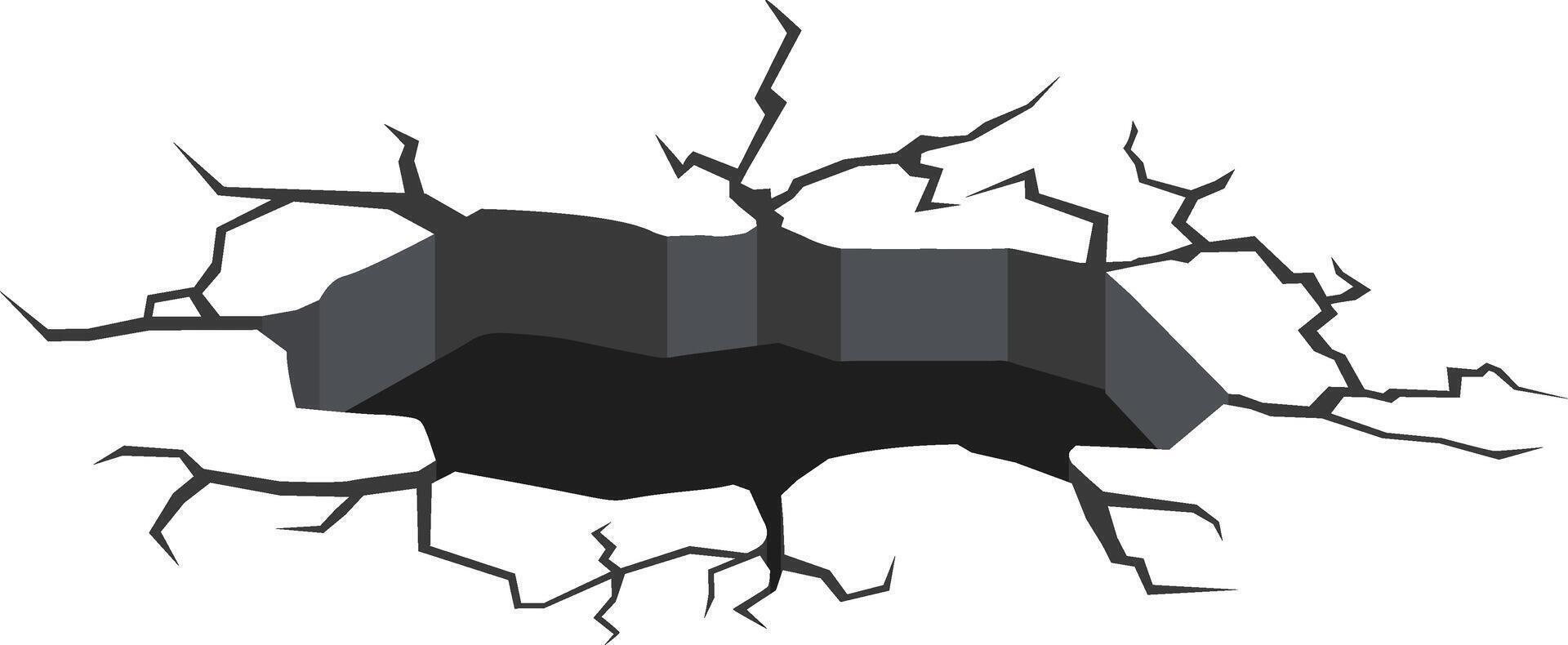 Ground splitting open, revealing a dark abyss as cracks spread like a spiderweb, creating a strikingly dramatic and perilous scene of destruction and chaos vector