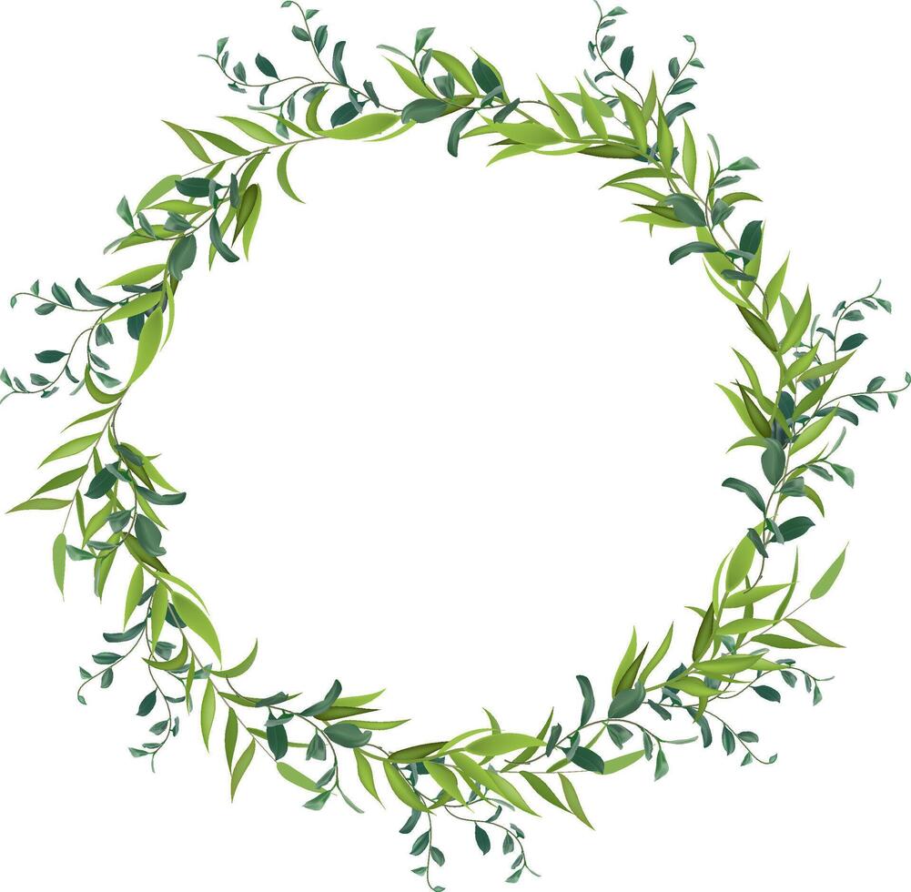 Green leaves and branches forming a beautiful circular frame, creating a natural and elegant border, perfect for invitations, cards, or decorative projects on a clean white background vector
