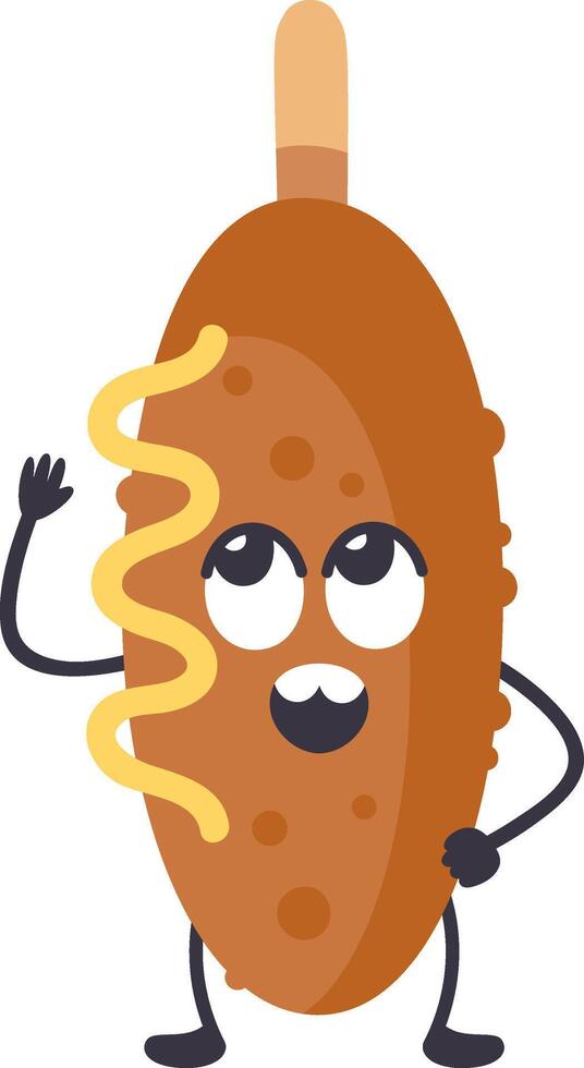 Cartoon corndog character waving cheerfully with a big smile, bright eyes, and an open mouth, standing on two small legs against a clean white background vector