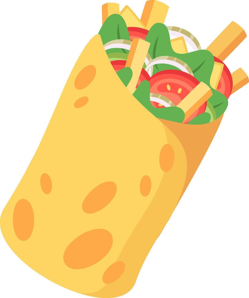 Yellow pita bread enveloping crispy French fries, fresh tomatoes, crunchy onions, crisp lettuce, and savory cheese, creating a classic Greek gyros bursting with flavor and ready for enjoyment vector