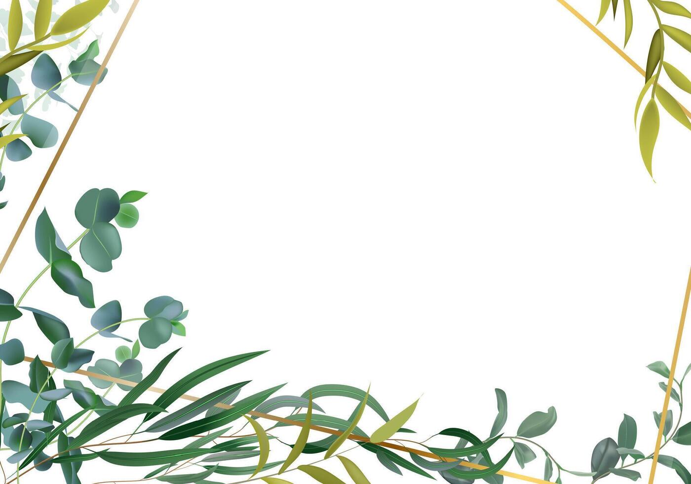 Eucalyptus and green leaves decorating a golden frame creating a white copy space for text, perfect for wedding invitations or elegant announcements vector