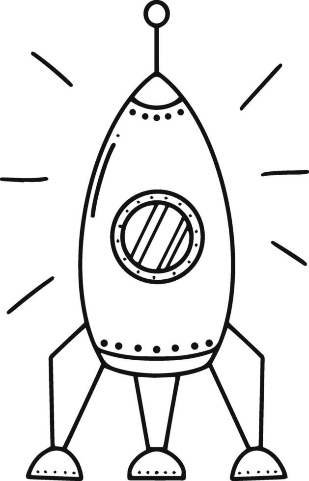 Childlike illustration depicting a spaceship poised on a launchpad, with vibrant light streaks radiating from it, conveying a sense of excitement and anticipation for imminent takeoff vector