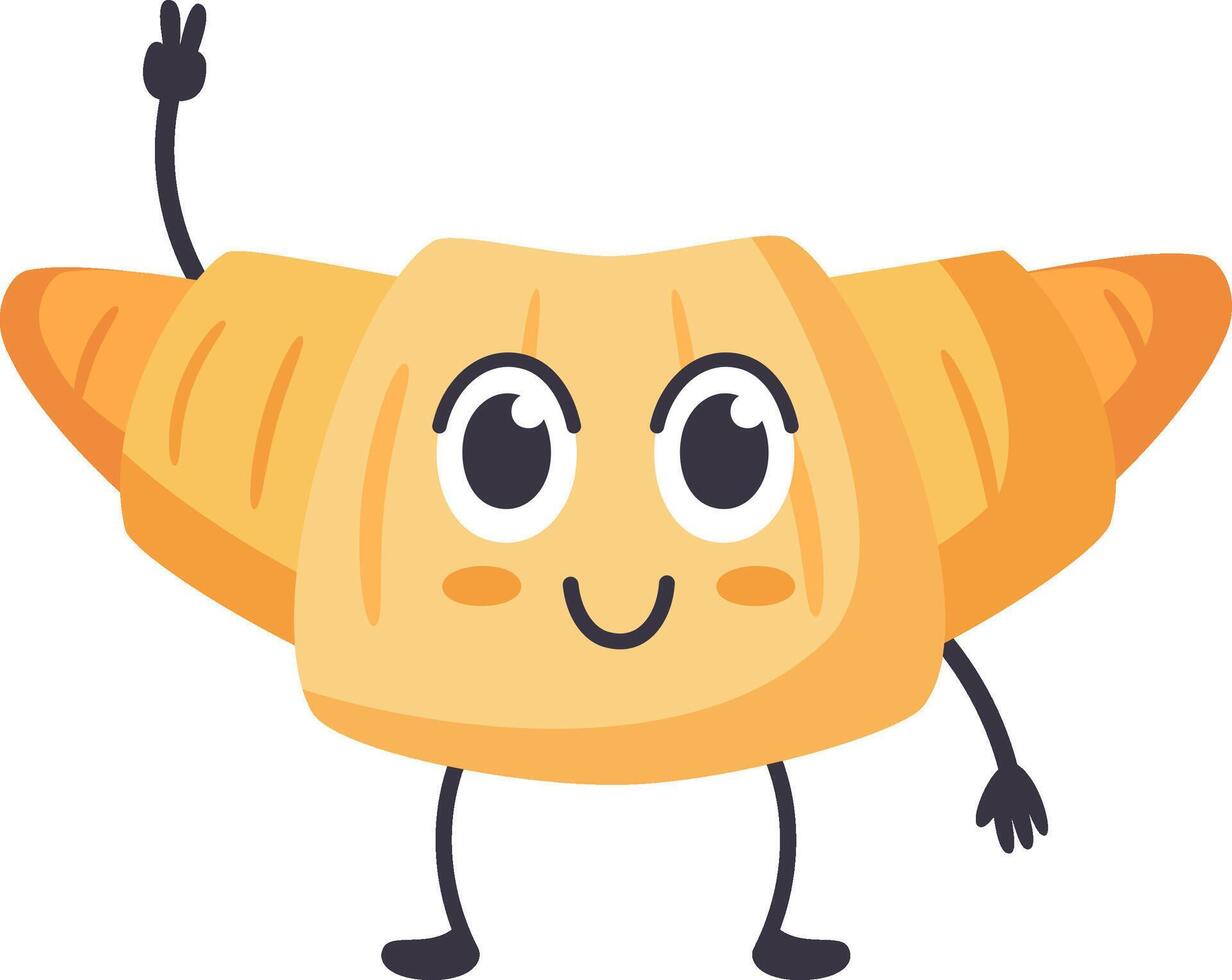 Cartoon croissant with big eyes, a smile and tiny legs is making victory sign with its fingers, isolated illustration on white background vector