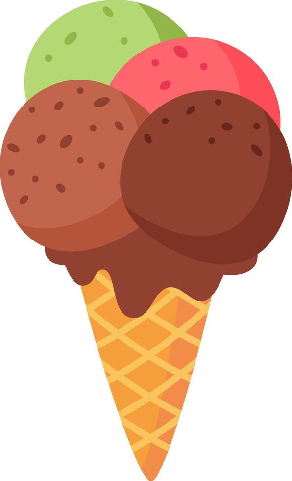 Four colorful scoops of ice cream, including chocolate, strawberry, pistachio, and coffee flavors, are melting and dripping onto a crispy waffle cone, creating a tempting summer treat vector