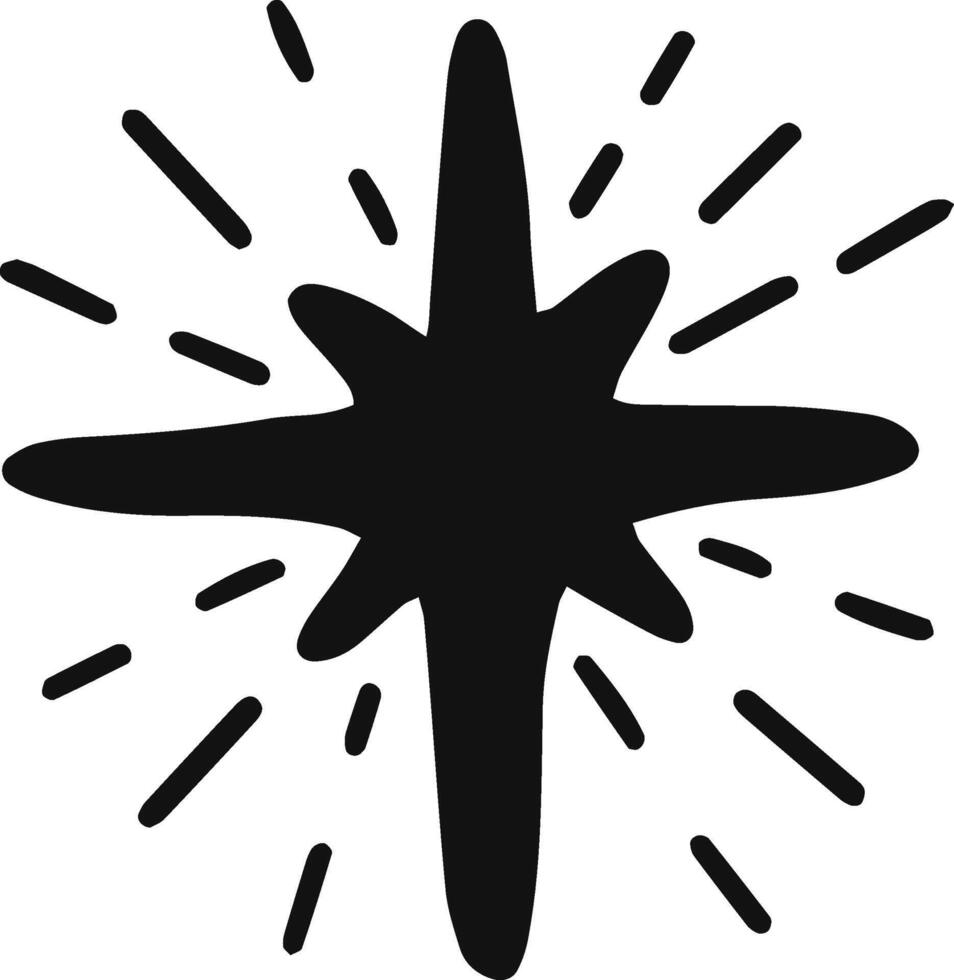 Hand drawn black Christmas star radiating with lines of light, creating a whimsical and festive design perfect for holiday decorations and seasonal celebrations vector