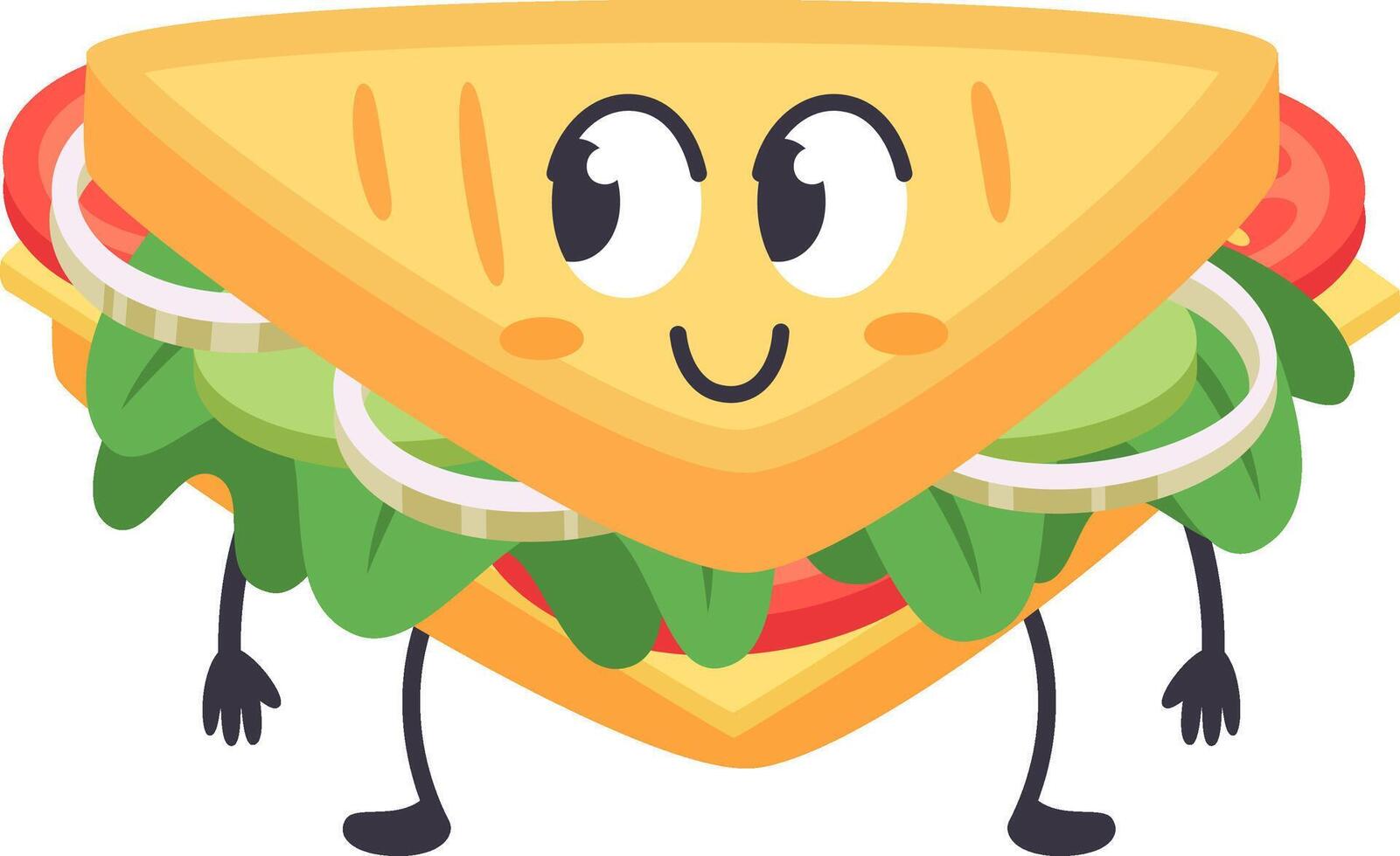 Funny cartoon sandwich featuring a kawaii face, happily walking with arms and legs, overflowing with delicious cheese, fresh tomato, crisp lettuce, and zesty onion against a white background vector