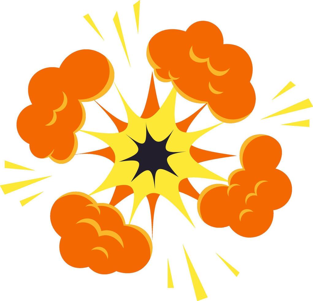 Creating a dynamic comic book explosion effect, vibrant orange smoke clouds billow with a striking yellow flash and deep black center against a clean white background vector