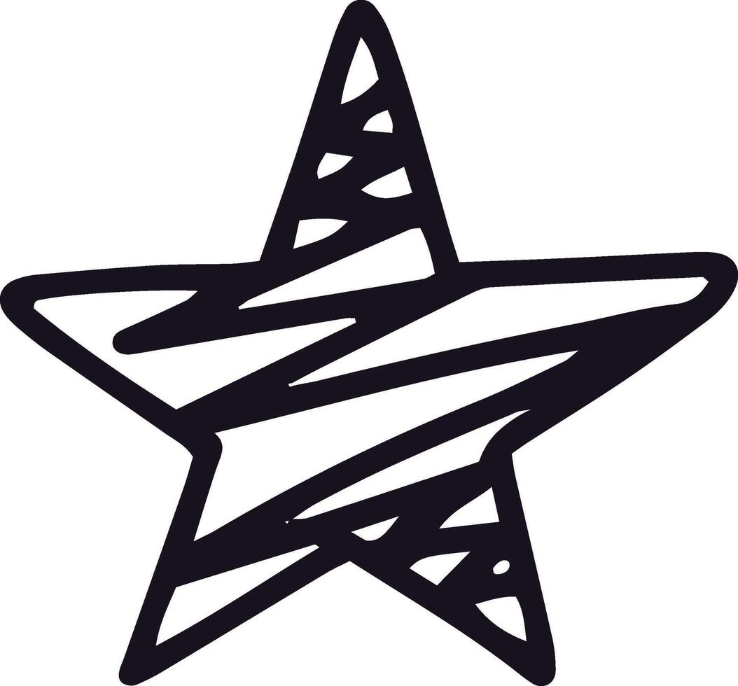Black, stylized, five pointed star featuring dynamic, hand drawn lines and patterns, isolated on a white background, offers a simple yet impactful visual element vector