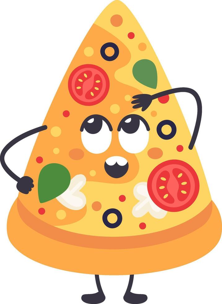 Cartoon illustration featuring a humorous pizza slice with googly eyes, arms, and legs, scratching its head in confusion while displaying a puzzled expression on its face vector
