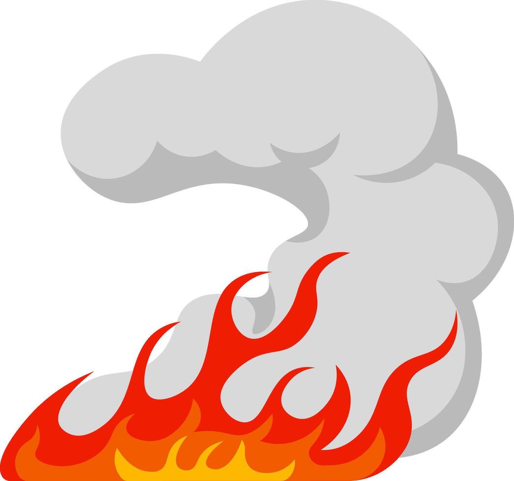Cartoon fire burning brightly with vivid red and orange flames, accompanied by a large gray smoke cloud rising dramatically against a clean white background vector
