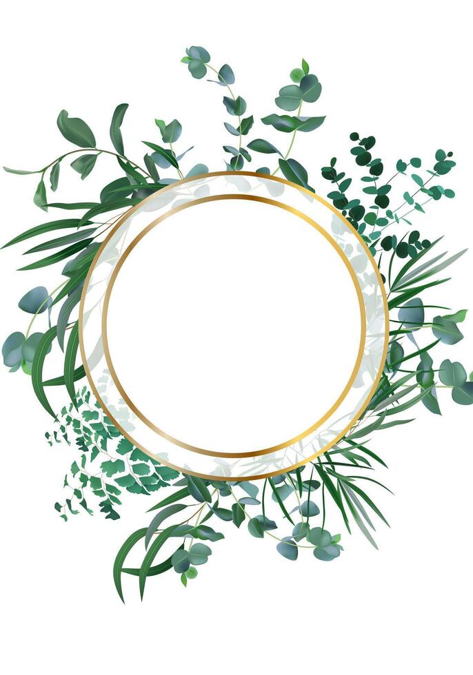 Golden round frame featuring a beautiful arrangement of eucalyptus, fern, and tropical leaves, creating an elegant and natural design perfect for various decorative purposes vector