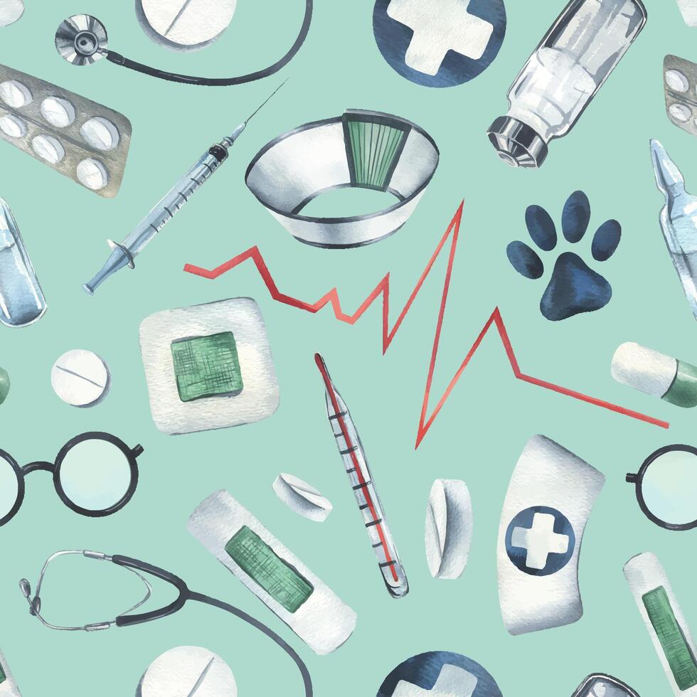 Veterinary medical instruments, medicines, stethoscope, blue cross on a turquoise background. Watercolor illustration, hand drawn. Seamless pattern for wallpaper, packaging, fabric, clothes vector